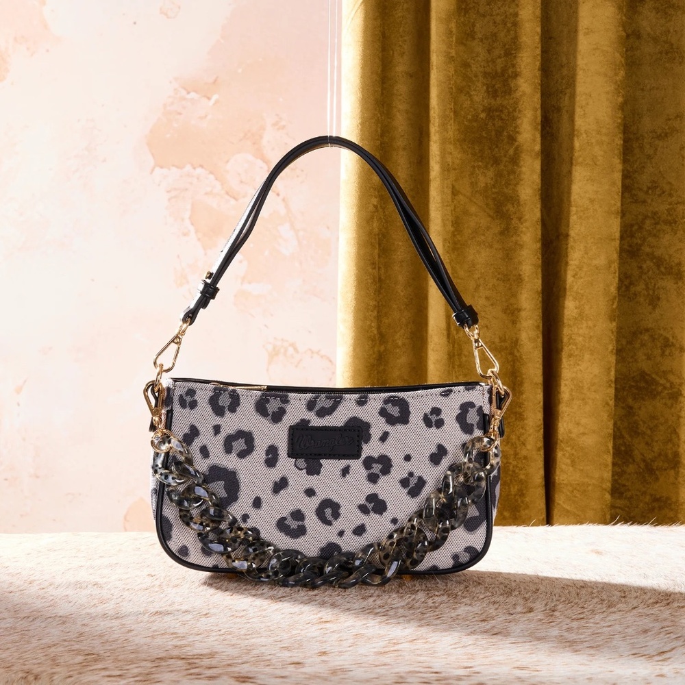 Wrangler Leopard Print Canvas Shoulder Bag with Chain Strap Black